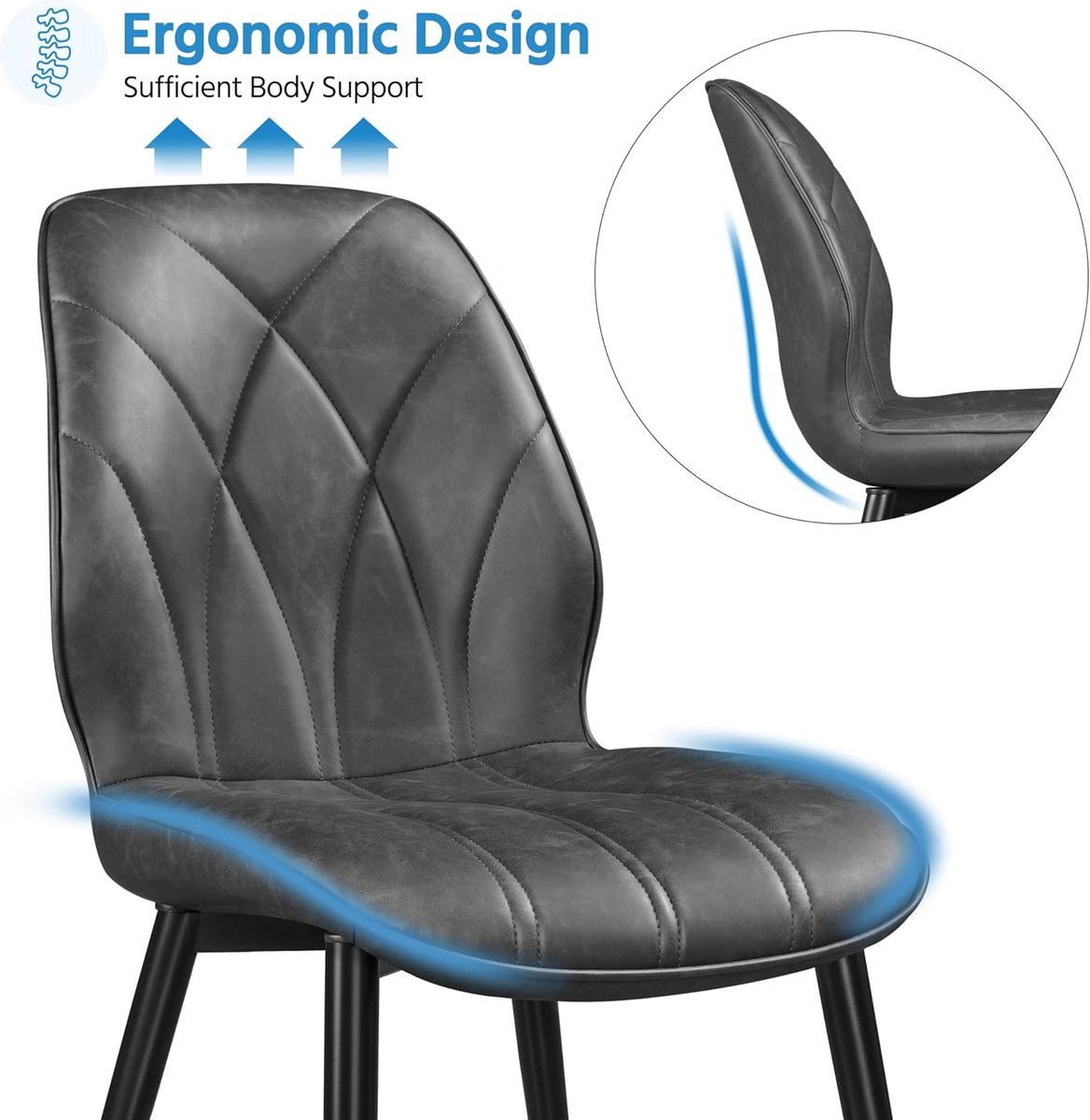 Luxe Moderne Eetkamerstoelen Set van 4 Kunstleer Donkergrijs 58.5x44x82 cm – Comfortabele Gestoffeerde Keukenstoelen met Metalen Poten en Draagvermogen tot 136 kg