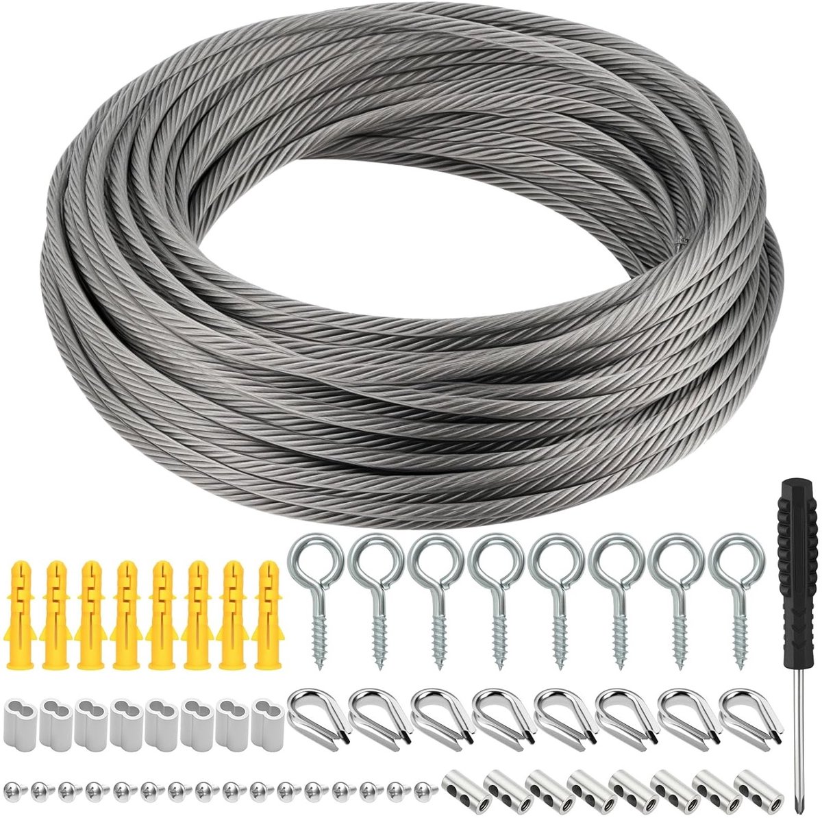 Roestvrijstalen kabel van 36 meter, 2 mm dik, met aluminium sleeves en draadklem, ideaal voor klimhulp, waslijn en tuinplanten