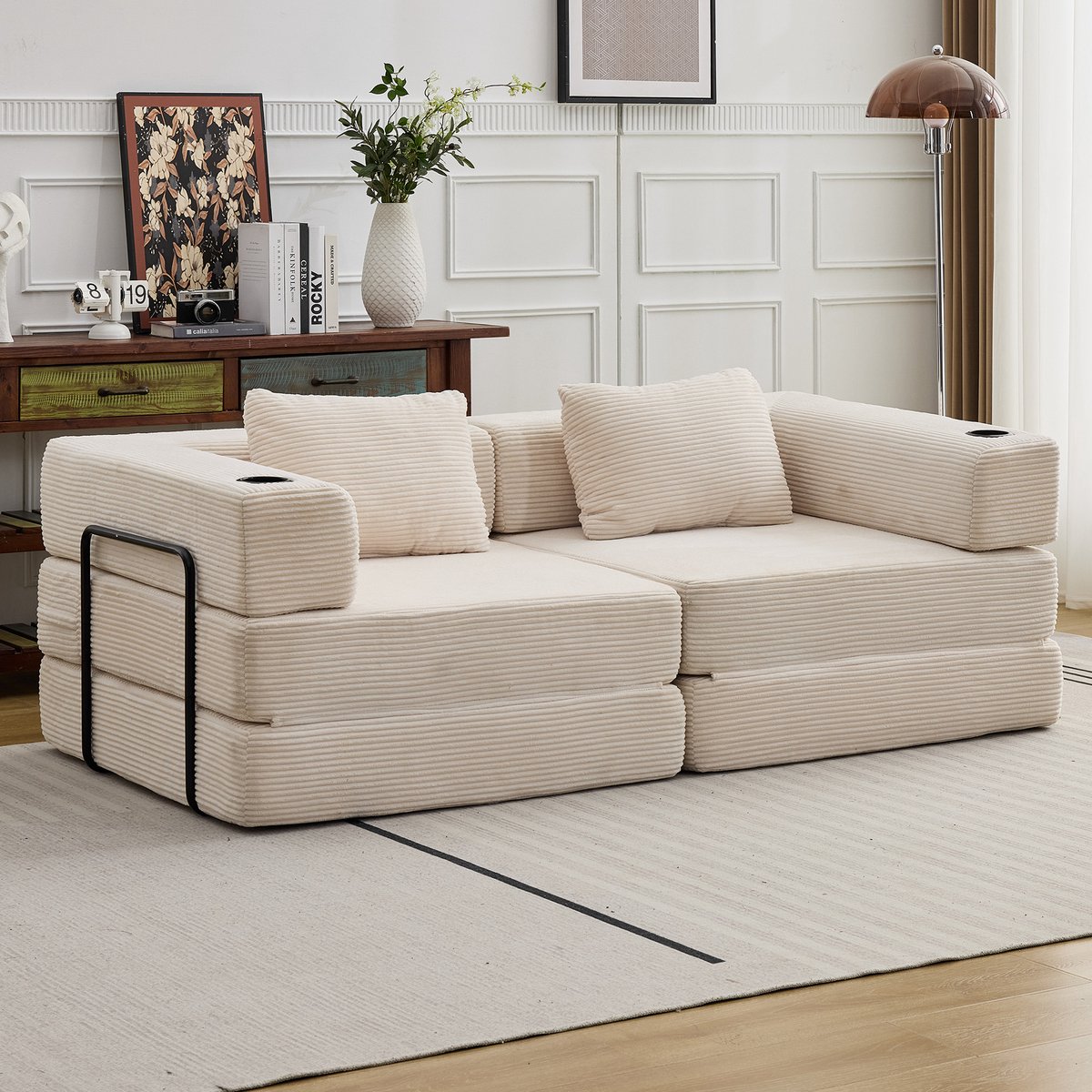 Multifunctionele Corduroy Slaapbank–Vaste Framebank – Opvouwbaar met 2 Kussens en Armleuningen–Comfortabel 2-in-1 Ontwerp – Geschikt voor 2 Personen – Te Gebruiken als Bank, Ligstoel en Logeerbed – Ideaal voor Appartementen of Kleine Ruimtes – Wit