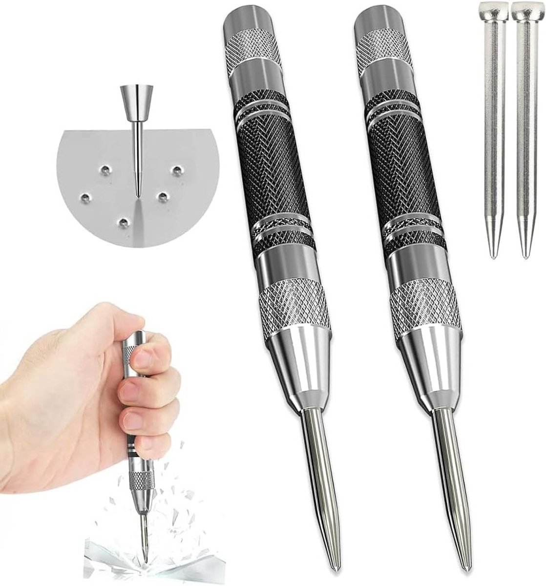 Automatische centrumpons met 2 vervangende tips voor metaal, hout, glas en staalplaten - 130mm x 12mm, 2-delig set