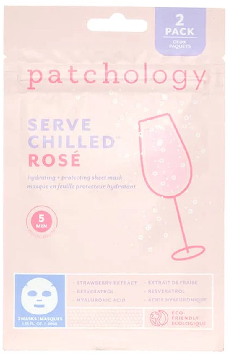 Patchology Serve Chilled Rosé Hydrating Face Sheet Mask – Hydraterend Gezichtsmasker met Hyaluronzuur, Resveratrol & Aardbeienextract – Verkoelend Sheet Mask voor Glow, Hydratatie & Stralende Huid – Luxe Selfcare Masker – 2 Stuks