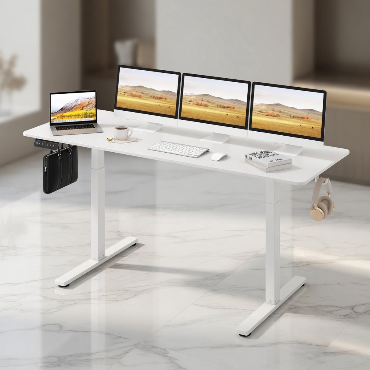 Elektrisch Zit-Sta Bureau 160x60 cm – In Hoogte Verstelbaar Bureau met Geheugenfunctie, Kabelmanagement, Anti-Collisionsysteem, Ergonomisch Computerbureau voor Thuiswerk & Kantoor – Mobili Bella