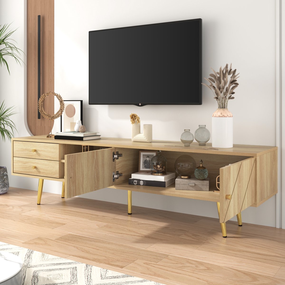 Lemonbest TV-meubel - 160x36x42 cm - Gouden poten - Meerdere deuren - Houtkleur - Uniek ontwerp - Vintage stijl