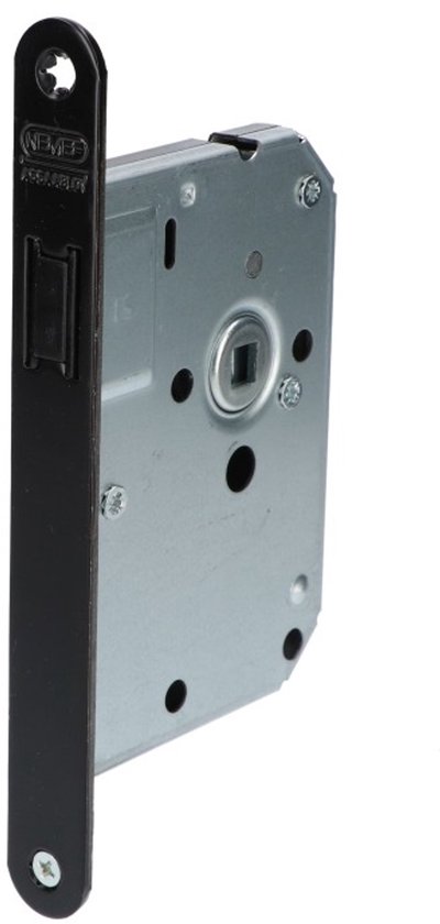 Een slot met een zwarte voorplaat en een metalen mechanisme. Het slot heeft de tekst 'NEMEF ASSA ABLOY'.