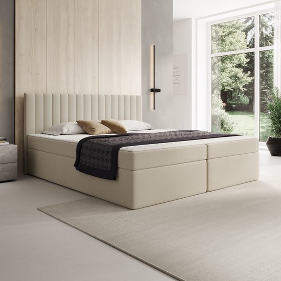 Meubella - Taiko - Boxspring met opbergruimte - Stof beige - 180x200 cm