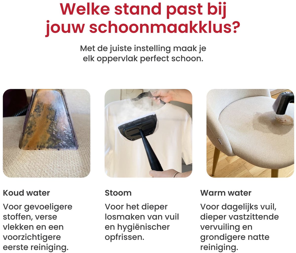 LuxeSteam 6-in-1 Vlekkenreiniger & 100℃ Stoomreiniger – Met Slimme zuigfunctie, wielen, Dubbel Tanksysteem, Verwarmingsfunctie & Zelfreinigend – Vlekkenreiniger voor Bank, Vloer, Auto & Tapijt (Tapijtreiniger) – Inclusief 8 accessoires thumbnail 6