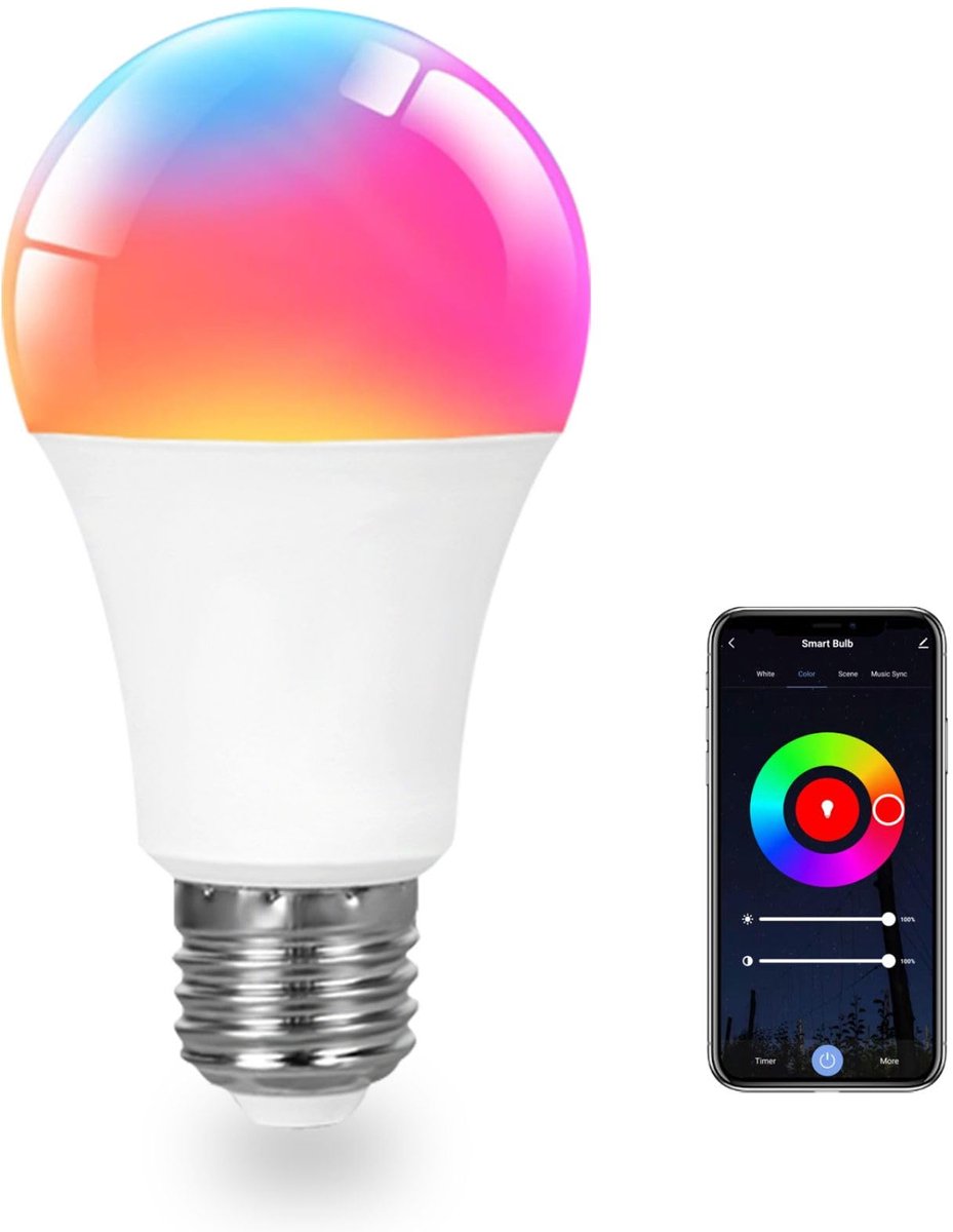 carmdering - Slimme Lamp - Slimme Verlichting - RGB - Smart Lichtbron - Set van 1, E27, 9W, WiFi, werkt met Alexa en Google Home - 16M kleuren + warmwit/koelwit, 1-100% dimbaar - Muzieksynchronisatie, timer en schema's - Tuya Smart Life app, geen hub