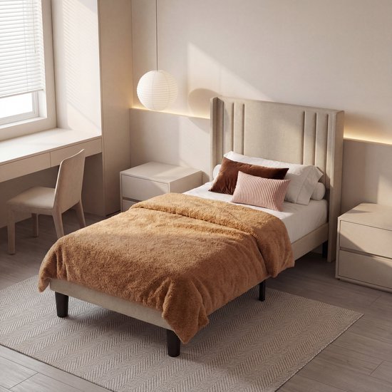 Bealife BF44 Cadre de lit - 200 x 90 cm - avec tête de lit rembourrée - Beige