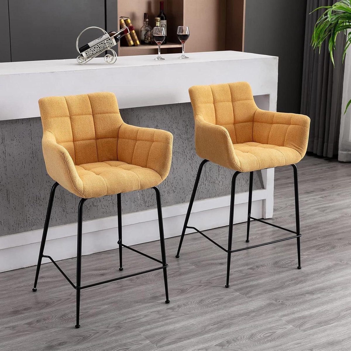 Barkrukken Set - Aanrechtkrukken Keuken - Ontbijt Bar - Gewatteerd Comfort - Set van 2 - Geel
