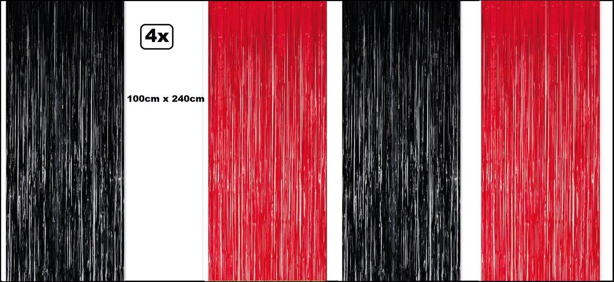 4x Folie gordijn metallic 240cm x 100cm rood/zwart - Black and red party landen festival themafeest huwelijk gala disco glitter and glamour wanddeco