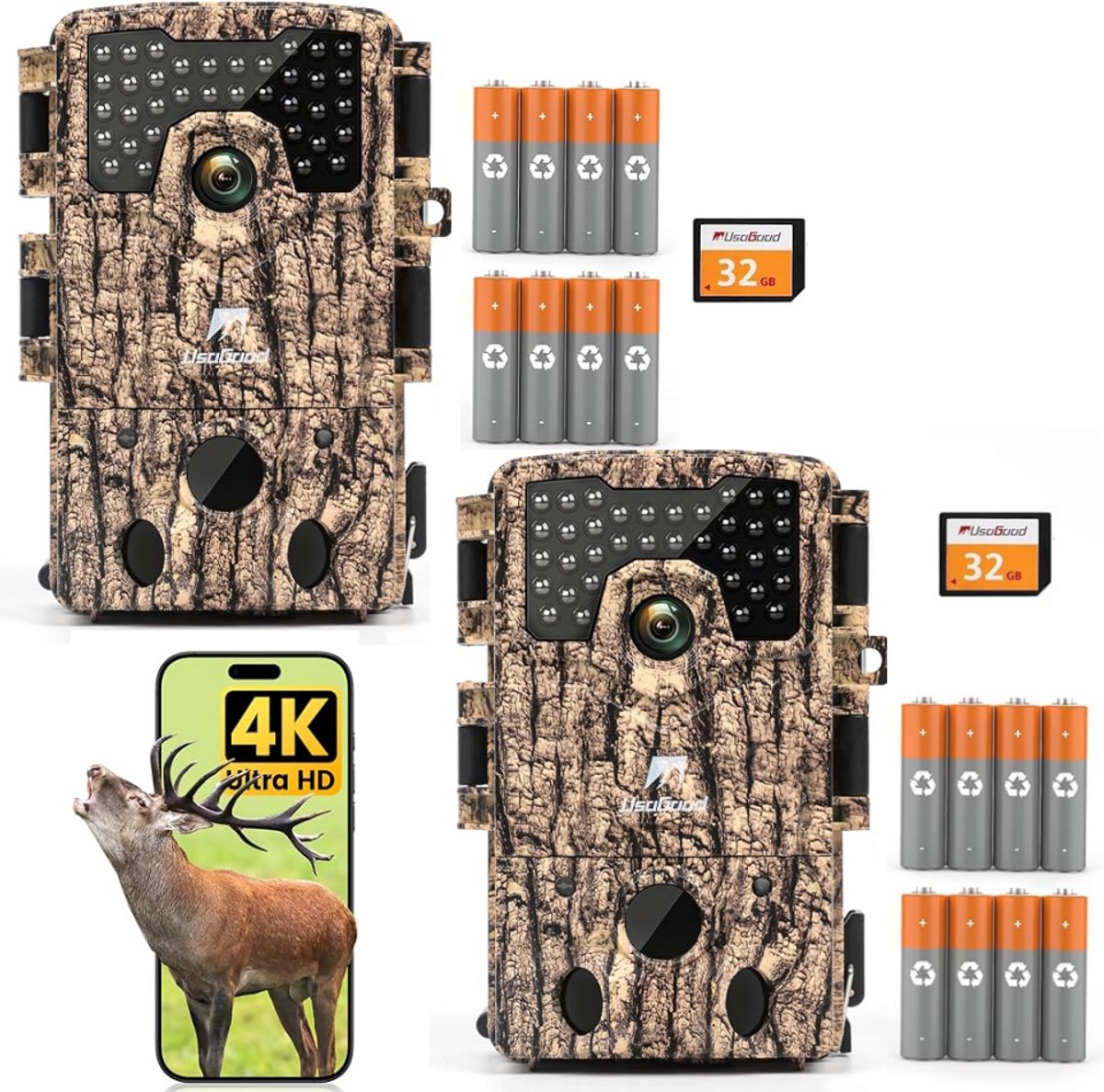 Usogood Wildcamera met Nachtzicht voor Buiten - 4K Ultra HD 48MP - Incl. 32GB SD & 8 Batterijen - 2.0" SchermIncl - Trail Camera - Wildcamera voor Buiten / Wildlife Camera - Geel - 2 Stuks