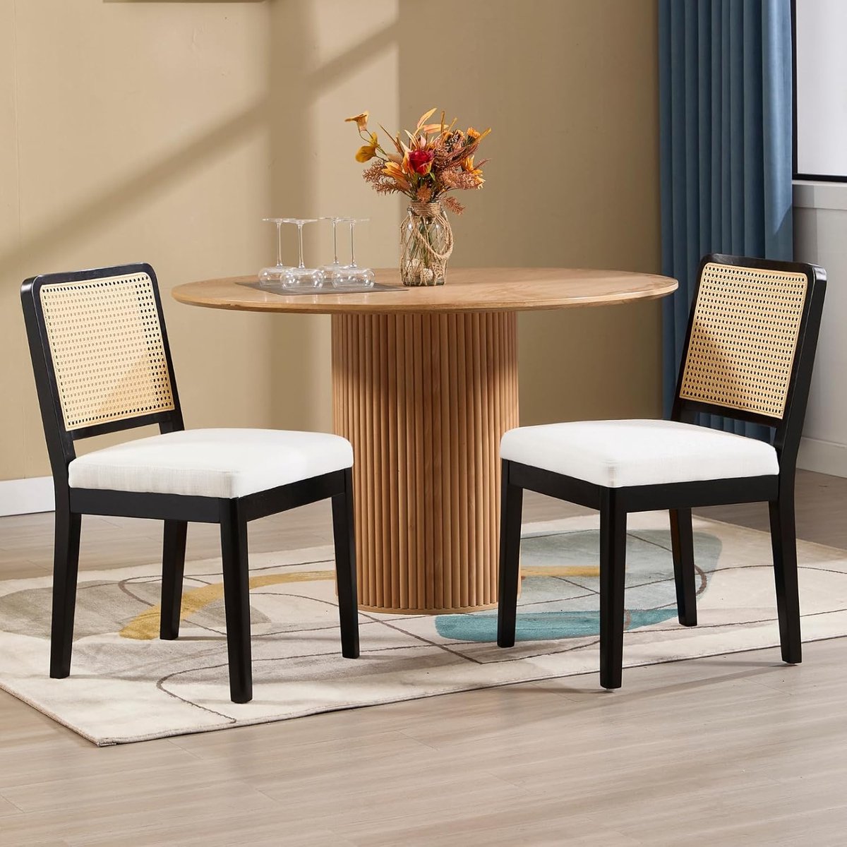 Retro Luxe Eetkamerstoelen Set van 2 – Linnen & Rotan Design Keukenstoelen met Massief Houten Frame en Comfortabele Zitting (56,5D x 48,5B x 86H cm)