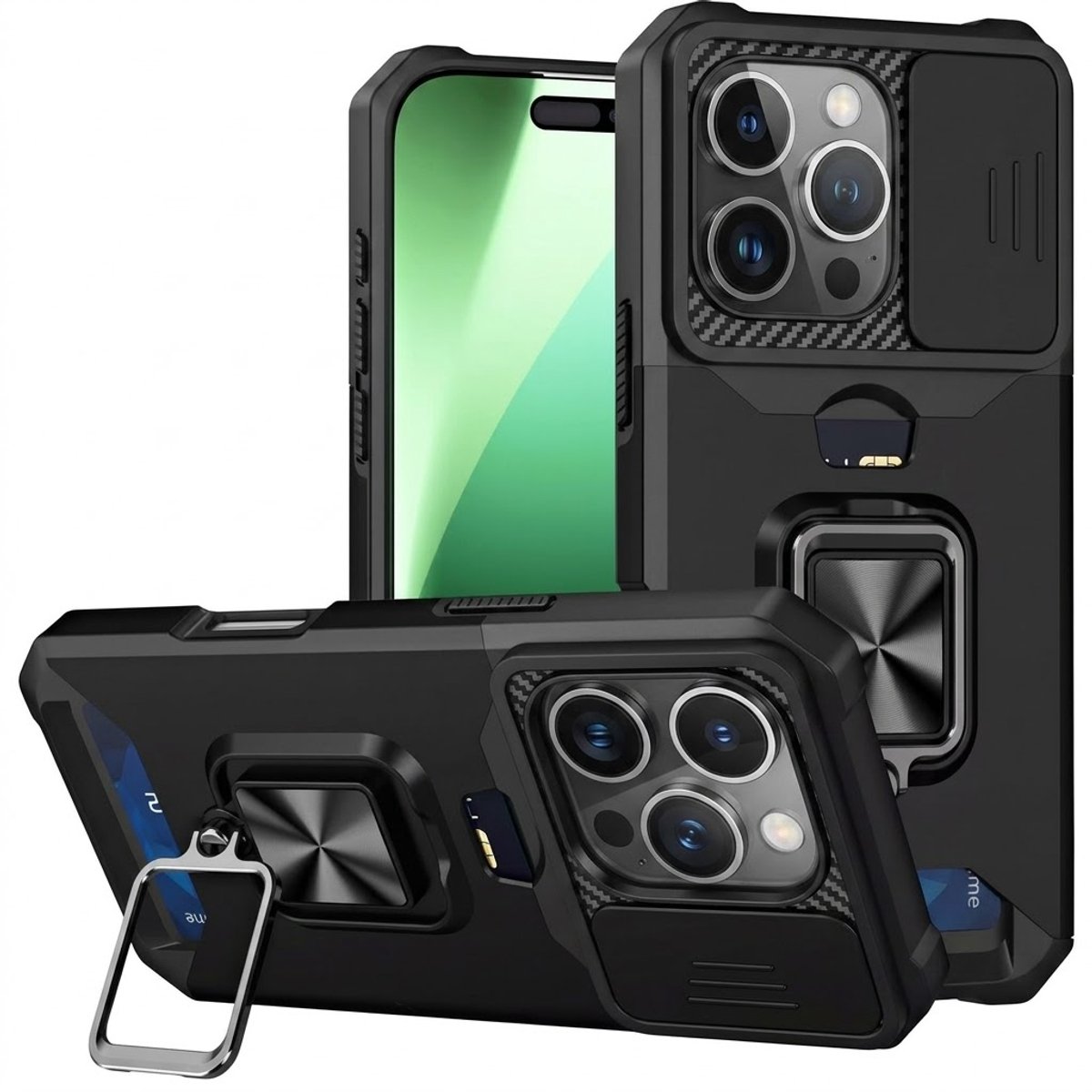 Zwart telefoon hoesje geschikt voor iPhone 17 Pro Max – robuuste backcover case dames en heren – schokbestendig ontwerp met metalen standaard en kaarthouder