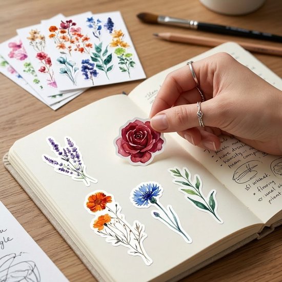 Une main avec des bagues place un autocollant de rose rouge dans un carnet. D'autres autocollants de fleurs sont à côté.