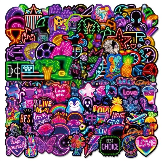Lot de 100 autocollants néon multicolores – autocollants graffiti avec illustrations violettes et colorées – autocollants en PVC pour enfants et adultes – lot d'autocollants décoratifs