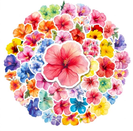 Set de 50 stickers multicolores avec illustrations de fleurs d'hibiscus, design aquarelle, set de stickers décoratifs