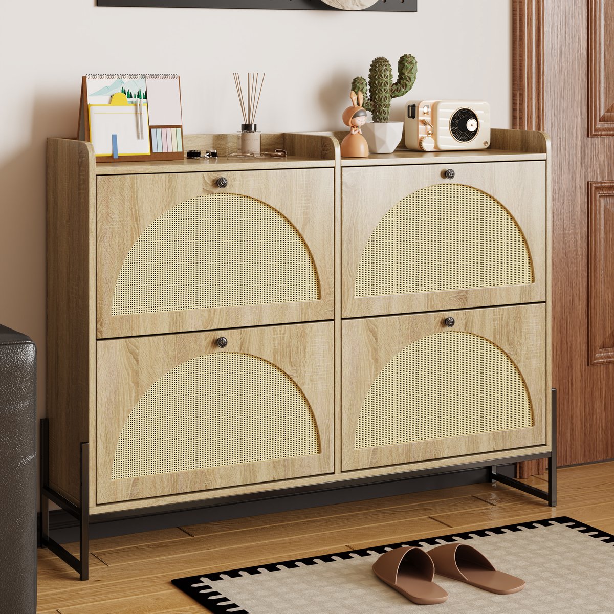 Lemonbest schoenenkast met 4 deuren - 118x25x91.5(cm) - Verstelbaar schoenenrek - Smalle schoenenkast - Kantelbaar schoenenrek - Hal - Houtkleur