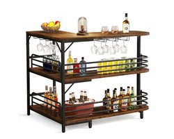 LUMÈ STORE Hoekbar L-Vorm – Thuisbar met Wijnglashouder – Barkast met Opbergrekken – Industriële Bartafel – Keuken – Bruin/Zwart