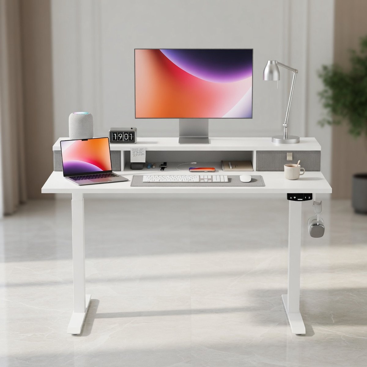 Mobili Bella Elektrisch Zit-Sta Bureau 100x60 cm met 2 Laden – In Hoogte Verstelbaar Staand Bureau met Geheugenfunctie (2 Hoogtes) – Gaming Bureau & Computertafel – Wit – Stabiel Stalen Frame – Ergonomisch Werkbureau