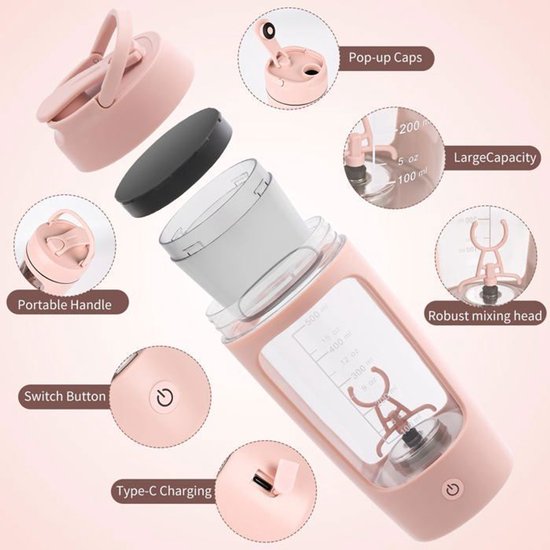 Elektrische blenderbeker, 601-700 ml inhoud, met poederreservoir, draagbaar, 1200 mAh capaciteit, geschikt voor smoothies en eiwitpoeder, roze. van Merkloos — afbeelding 2