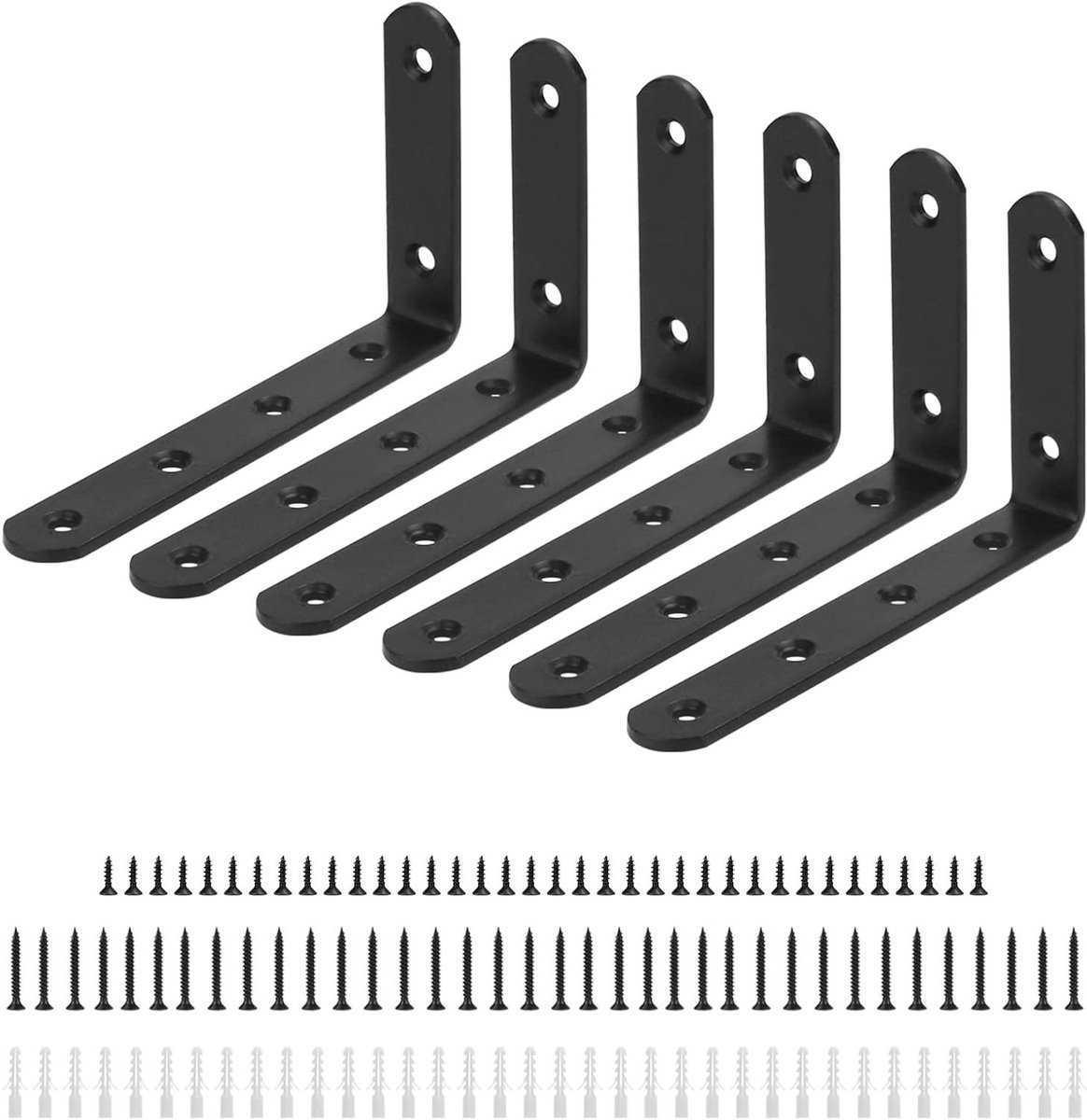 Set van 6 hoekverbindingen, L-vormige hoekbeugels, zwarte hoeksteunen met schroeven en expansiebuis, 120 x 75 x 20 mm, ideaal voor meubels en constructies