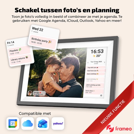 Frameo digitale fotolijst met foto van opa en kleinkind, agenda-overzicht met verjaardagen en afspraken. Wifi-icoon.