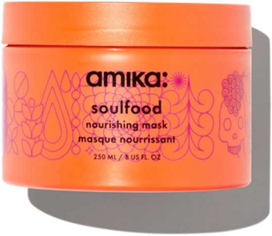 Oranje pot amika soulfood voedend masker met roze versiering.