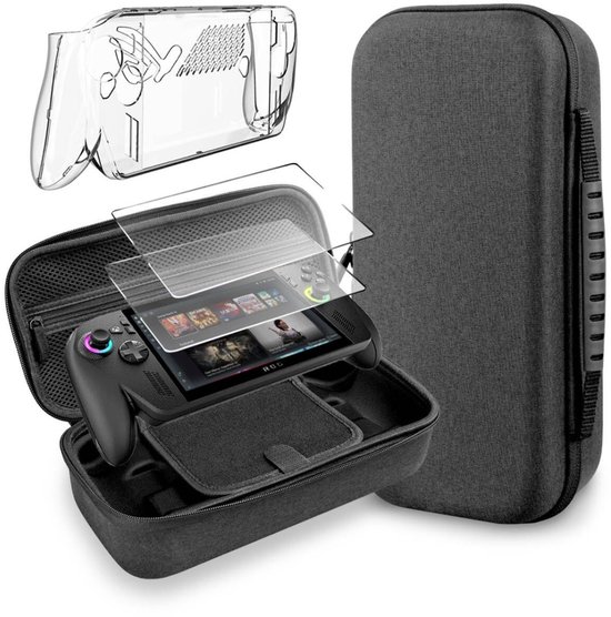 Grijze draagtas, een doorzichtig hoesje en twee screenprotectors met een ROG Ally handheld.