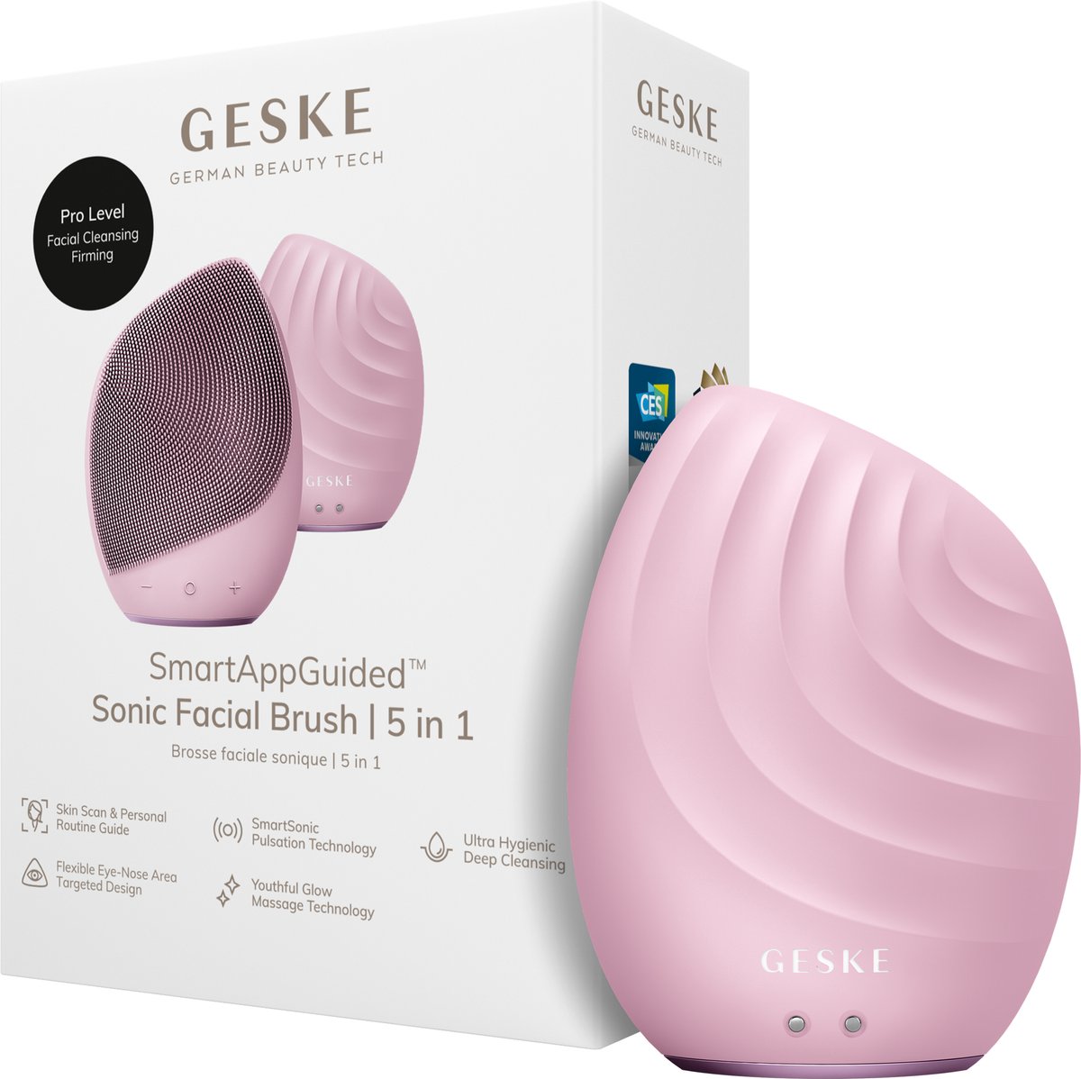 GESKE | SmartAppGuided™ Facial Brush 5 in 1 | Elektrische gezichtsreinigingsborstel | Zachte siliconen borstel | Professionele gezichtsreiniging | Gezichtsreinigingsapparaat | Gezichtsmassager