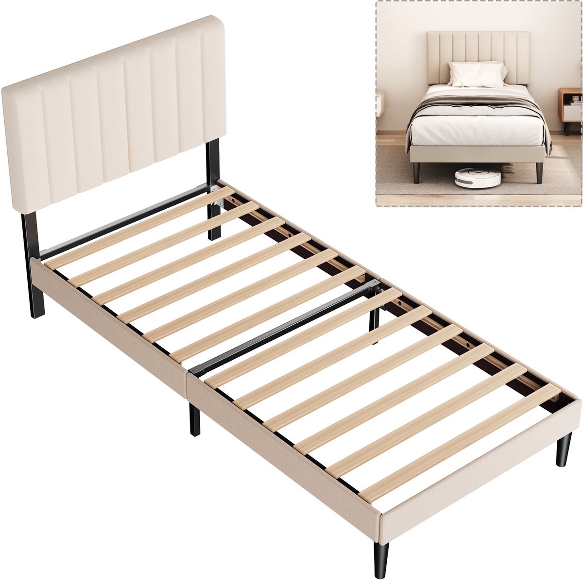 Cecipa heavy duty metalen bedframe - Gestoffeerd bed - 90x200 cm - verstelbaar hoofdeinde - Opbergruimte Onder Bed - Stevig - Stil - Anti Slip - Eenvoudige Montage - Grijs Beige (geen matras)