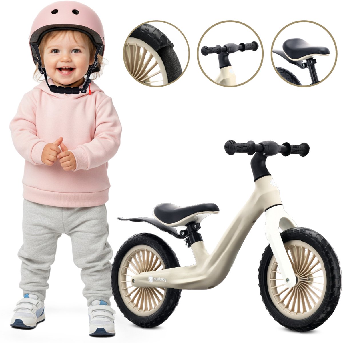 sun baby Loopfiets voor Kinderen Sport - 2 jaar, max. 30 kg, Loopfietsen, nylon frame, EVA-wielen, verstelbaar zadel en stuur - Beige