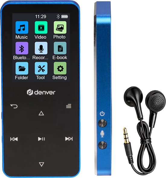 Denver MP3/MP4 Speler – Bluetooth – Shuffle/Repeat – SD kaart tot 128GB – Incl. oordopjes – Dictafoon – MP1830BU – Blauw