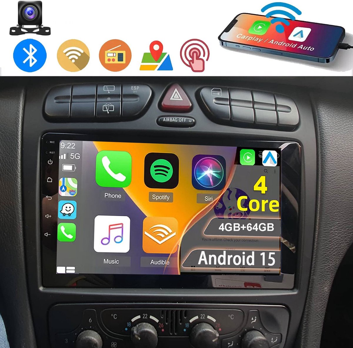 ESSGOO CarPlay autoradio geschikt voor Mercedes Benz CLK W209 C-Klasse W203 - Android 15 - 4GB + 64GB - Draadloos Apple Carplay & Android Auto - Bluetooth & Wifi GPS Navigatie - Achteruitrijcamera