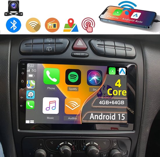 Autoradio met CarPlay/Android Auto, smartphone verbonden via Bluetooth/Wifi, met app-icoontjes en specificaties (4 Core, 4GB+64GB, Android 15).