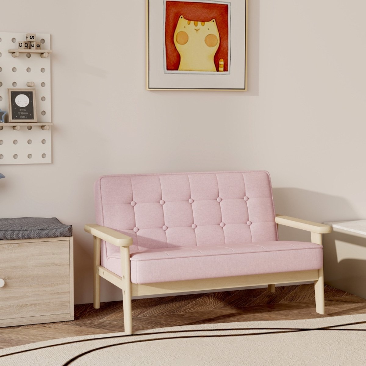 REDOM Luxe Kinderbankje (2-Zits) - Scandinavisch Peuterbankje met Houten Frame - Roze