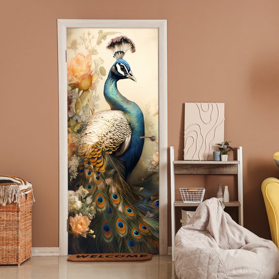 Sticker porte Paon - Plumes de paon - Fleurs - Vogels - Botanique - 80x205 cm - Poster porte
