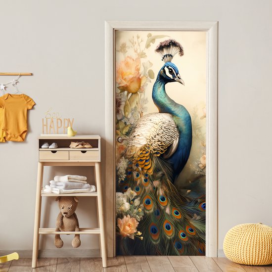 Sticker porte Paon - Plumes de paon - Fleurs - Vogels - Botanique - 80x205 cm - Poster porte