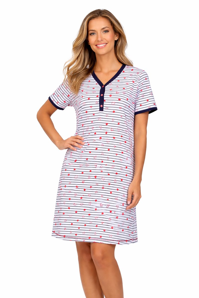 Comtessa Dames Nachthemd Korte Mouw – Donkerblauw Gestreept - 100% Katoen Gestreept, donkerblauw, wit