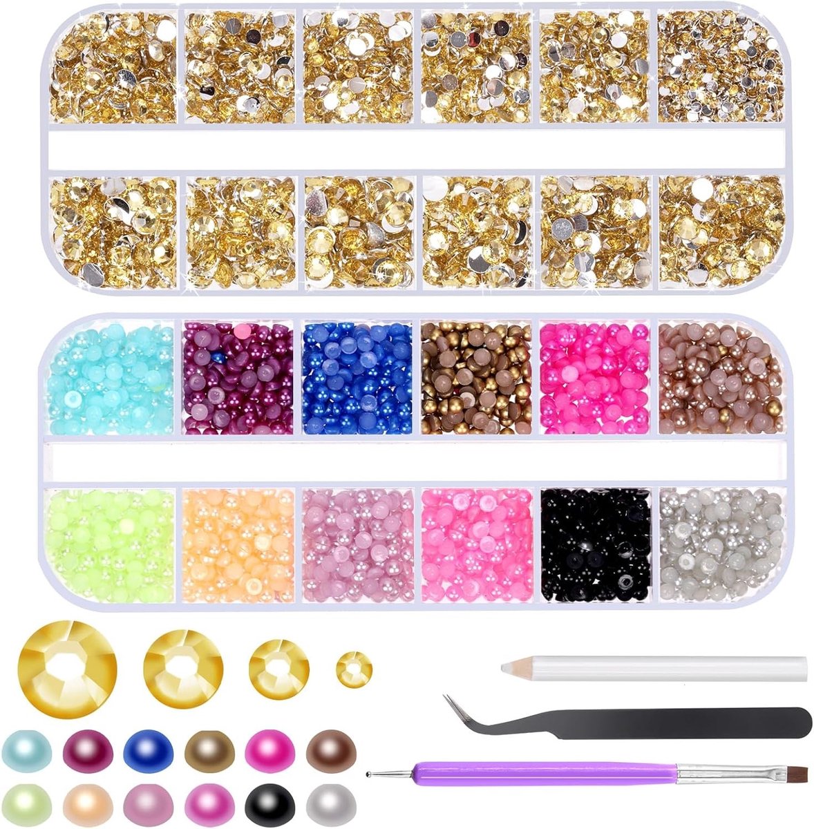 4403 Stuks Rhinestone Gems en Platte Achterkant Parels Set, Gele Rhinestones en Gemengde Kleur Platte Kralen met 3 Gereedschappen voor Creatief Werk, Kleding, Schoenen en DIY Tumblers