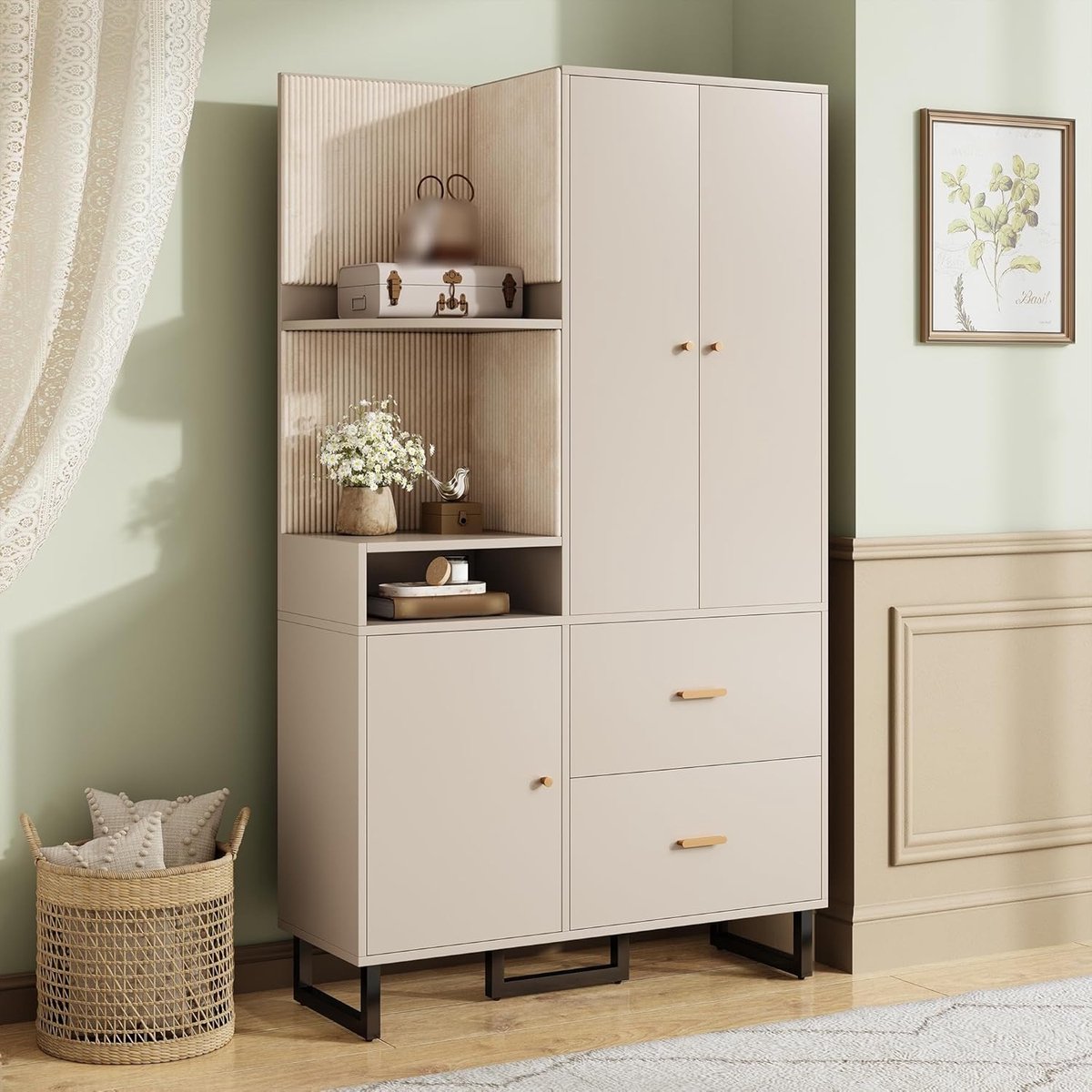 Kledingkast Klein met 2 Deuren en 2 Laden 186 x 110 x 38 cm - Compacte Garderobekast met Open Plank, Hal en Slaapkamer Kast, Beige Moderne Opbergkast - Vermissen