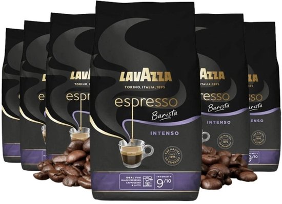 Zes pakken Lavazza Espresso Barista Intenso koffiebonen, met zwarte verpakking en paarse accenten. Intensiteit 9/10.