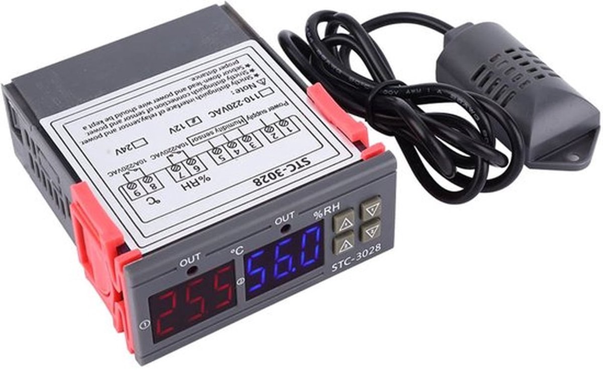 Temperatuurregelaar STC 3028, 12V/24V/110V/220V Digitale Temperatuur- en Vochtigheidscontroller Meter met Geïntegreerde Sensor (110 220VAC)(12V)