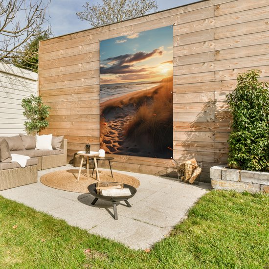 Tuinposter 120x180 cm - Tuindecoratie Strand - Zonsondergang - Duinen - Zee - Zand - Poster voor in de tuin - Buiten decoratie - Schutting tuinschilderij - Tuindoek muurdecoratie - Wanddecoratie balkondoek