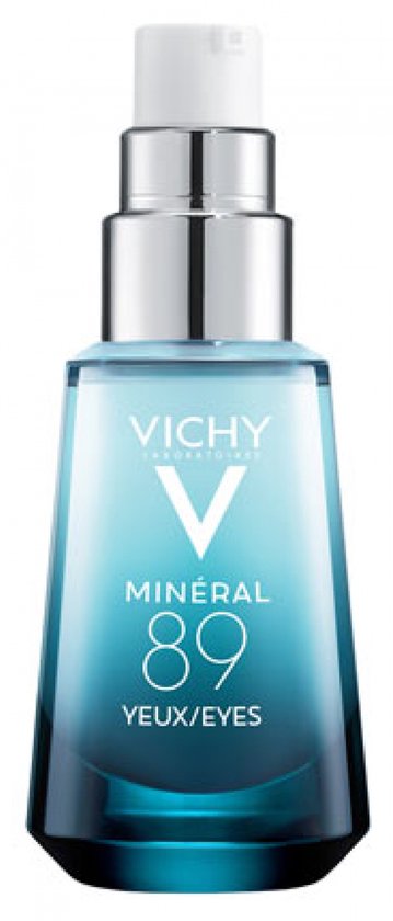 Transparante blauwe Vichy Minéral 89 Ogen flacon met zilveren pompje.