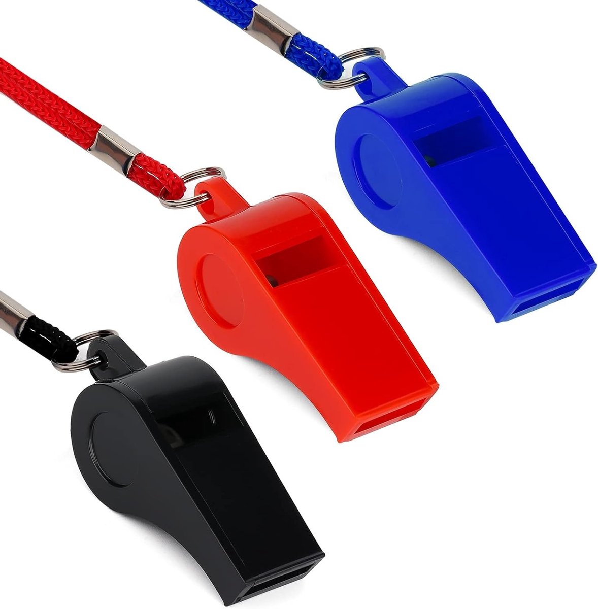 3-delige Plastic Fluitjes met Koord, Luide Geluid Sportfluitjes voor Training, Noodgevallen en Dierenbegeleiding (Rood, Blauw, Zwart)