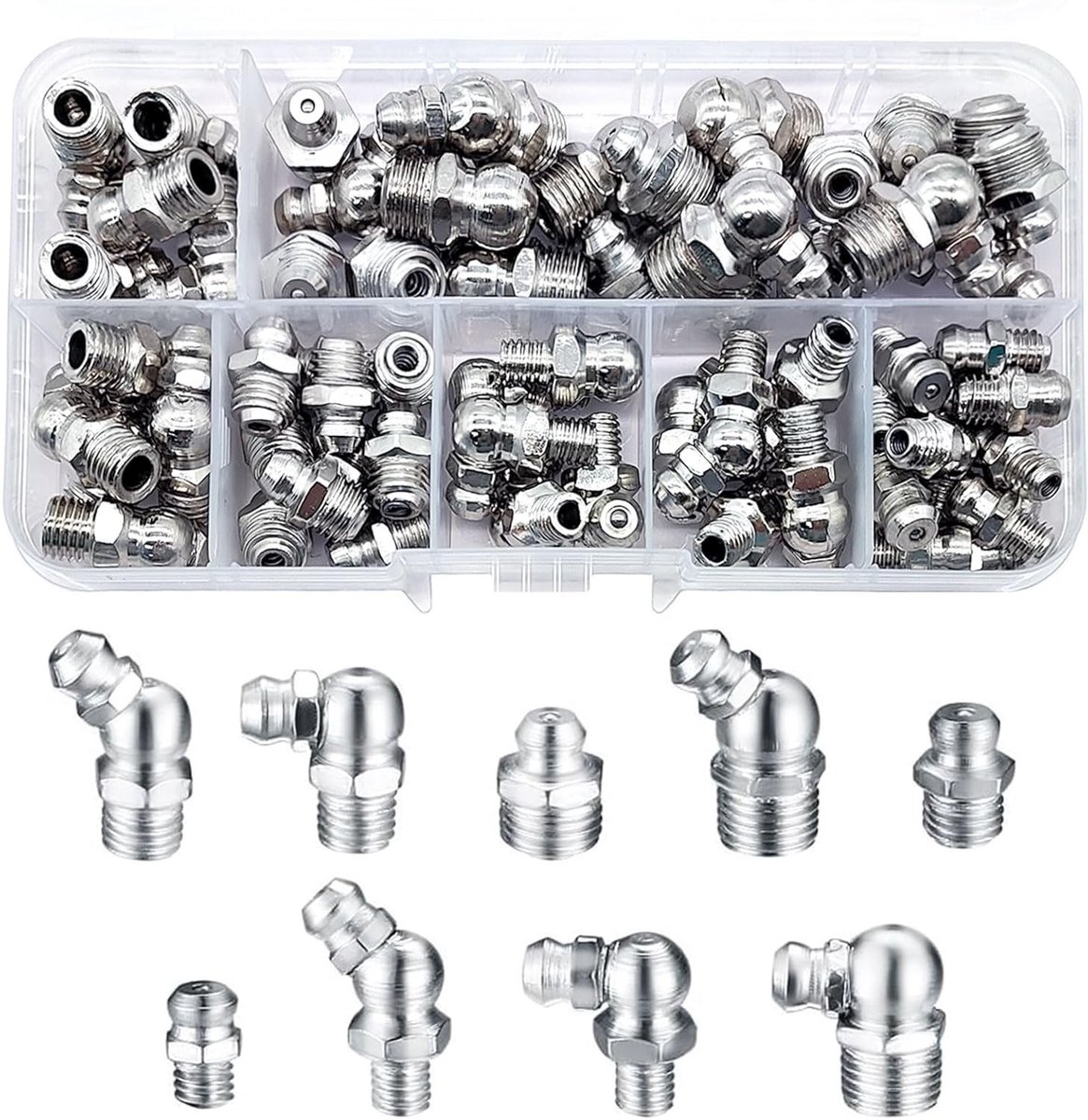 Assortiment van 65 vetnippels in verschillende maten M6, M8, M10, met opbergdoos en diverse hoeken 45° 90° 180°