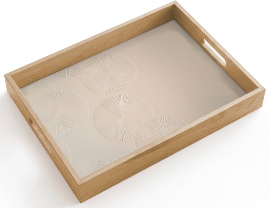 Plateau en bois avec insert beige et cercles décoratifs.