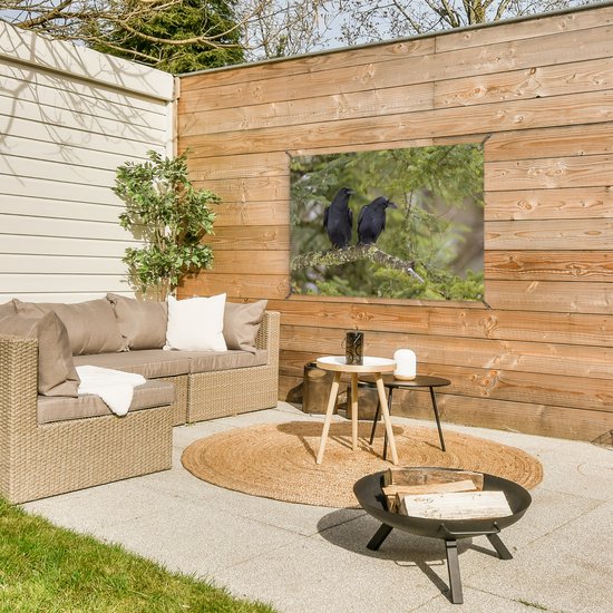 Deux corbeaux noirs sont assis ensemble sur une branche Affiche de jardin 90x60 cm - Toile de jardin / Toile d'extérieur / Peintures d'extérieur (décoration de jardin)