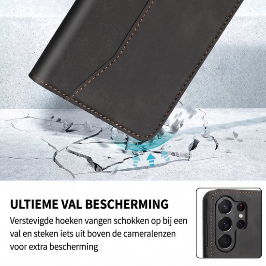 Zwart telefoonhoesje beschermt telefoon bij val op een gebroken ondergrond.
