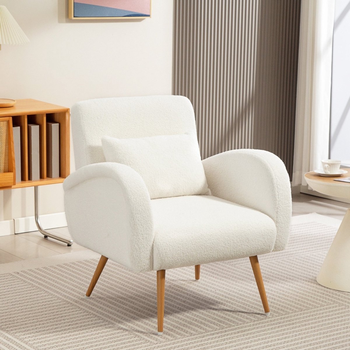 Wishdor - Fauteuil - Zachte Fleece Bekleding Met Lendenkussen - Brede Rugleuning En Lange Armleuningen - Modern Ontwerp - Voor Woonkamer Of Leeshoek - Metalen Poten Met Houtlook - Crèmewit - 77 X 77 X 83 Cm